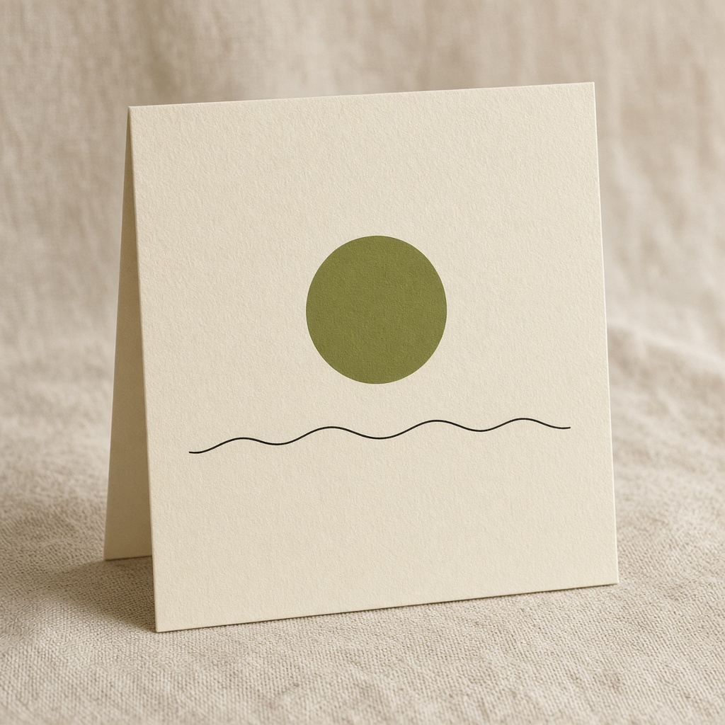 Folded cream greeting card standing on linen, printed with an olive sun and a thin black wave