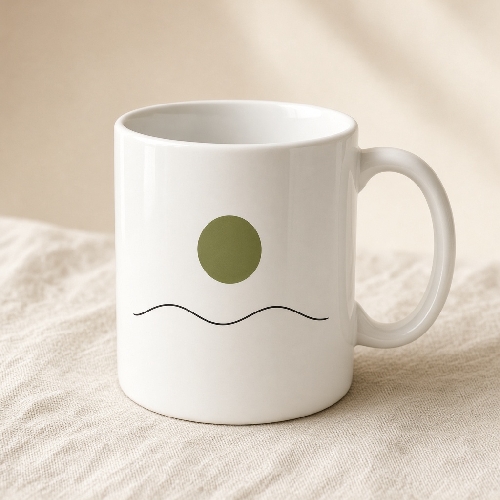 White ceramic mug printed with an olive sun and a thin black wave