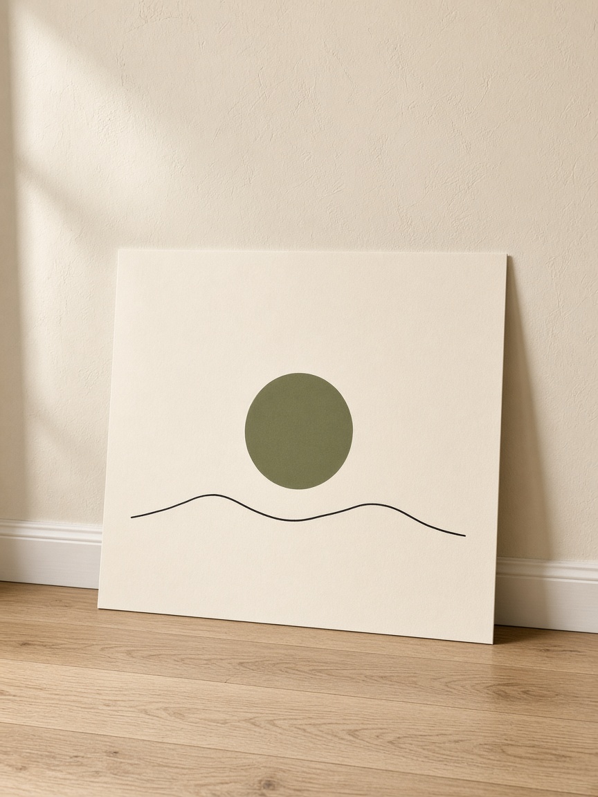 Matte poster leaning on an oak floor, printed with an olive sun and a thin black horizon