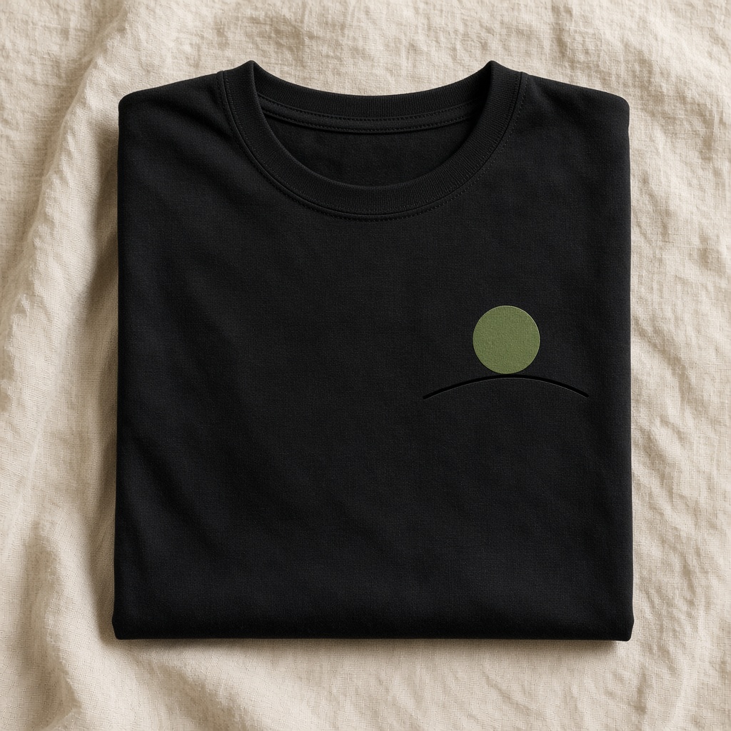 Folded black t-shirt with a small olive sun printed on the chest